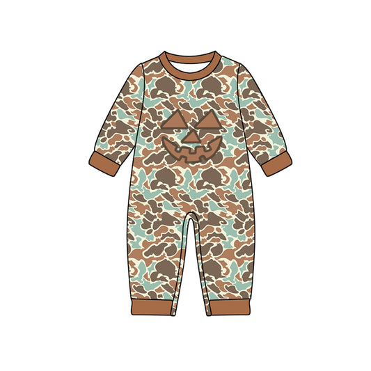 Preorder LR2492 Halloween Ghost Pumpkin Camouflage Brown Green Long Sleeve Boys Romper 202507
