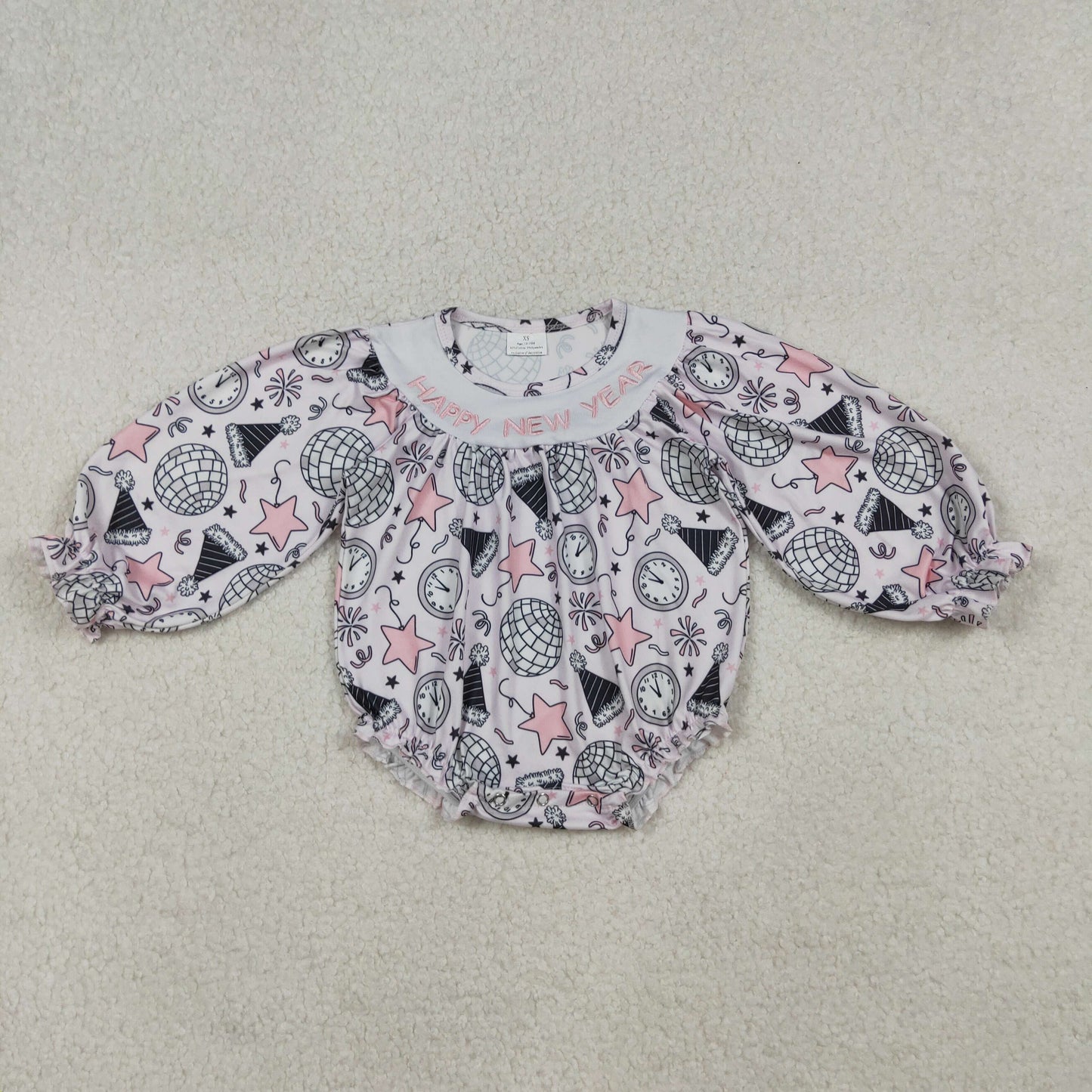 LR2493 Embroidered Happy New Year Girls Long Sleeve Bubble Romper 202510 RTS