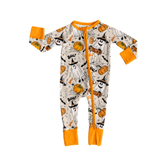 Preorder LR2494 Halloween Boo Ghost Pumpkin Orange Zippy Long Sleeve Boys Romper 202507