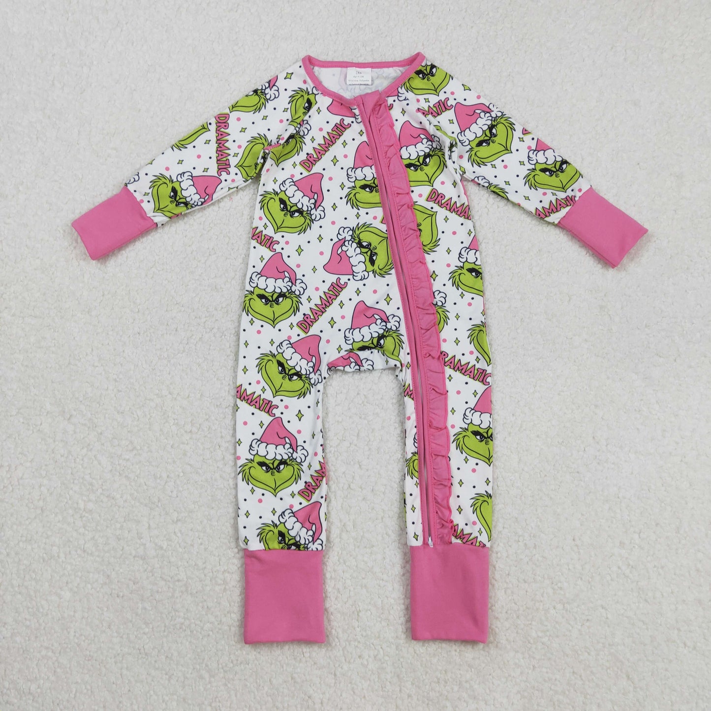 LR2495 Christmas Grinch Pink Ruffle Zipper Long Sleeve Girls Romper 202508 RTS