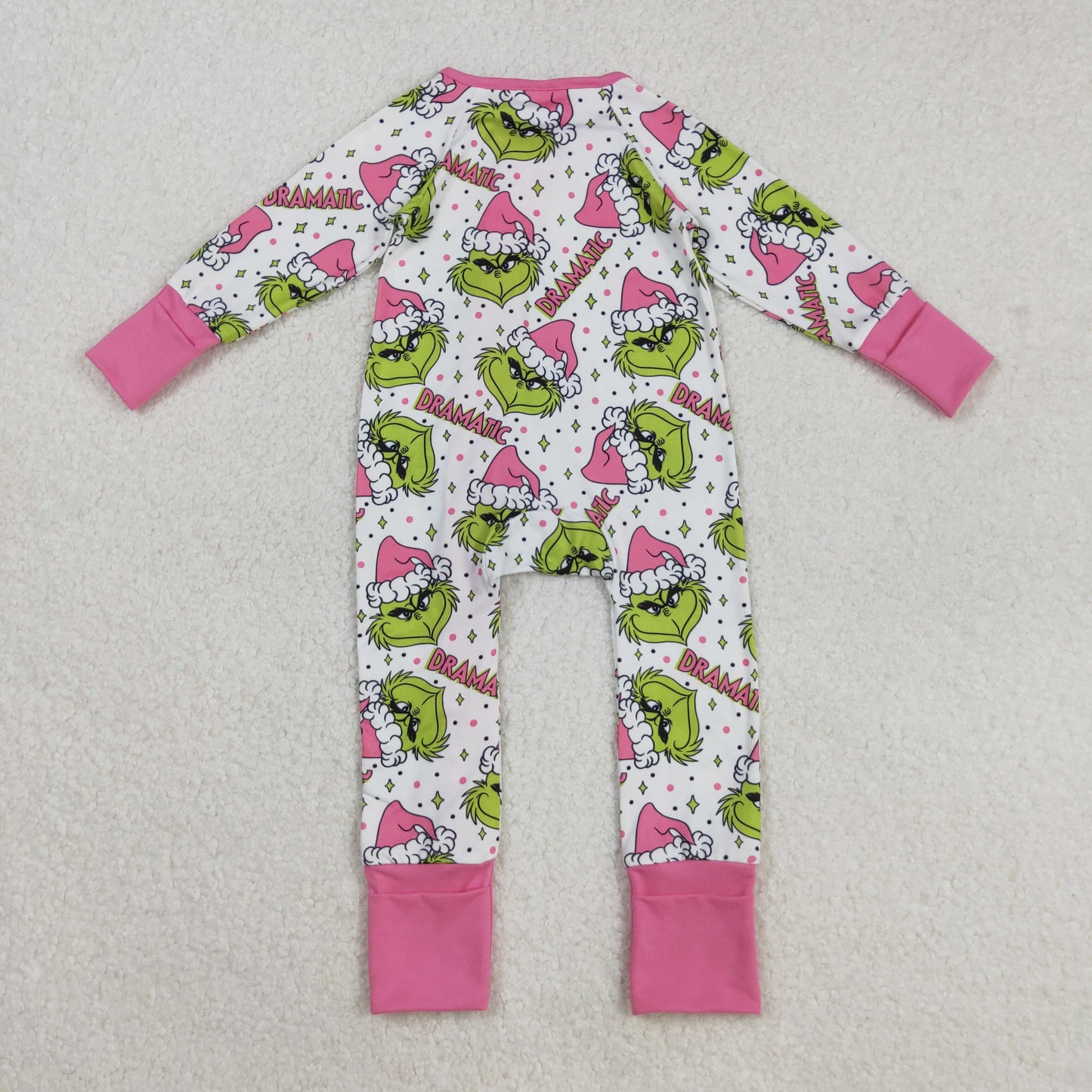 LR2495 Christmas Grinch Pink Ruffle Zipper Long Sleeve Girls Romper 202508 RTS