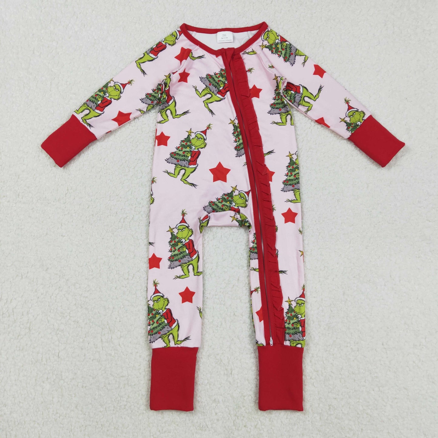 LR2496 Christmas Grinch Red Ruffle Zippy Long Sleeve Girls Romper 202508 RTS
