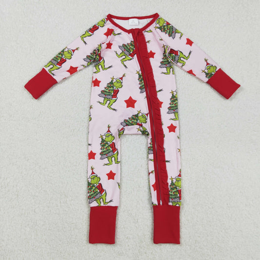 LR2496 Christmas Grinch Red Ruffle Zippy Long Sleeve Girls Romper 202508 RTS