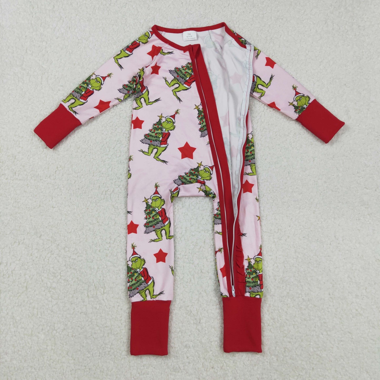 LR2496 Christmas Grinch Red Ruffle Zippy Long Sleeve Girls Romper 202508 RTS