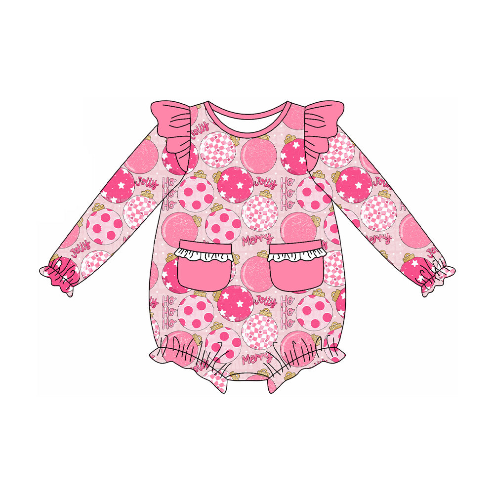 Preorder LR2500 Christmas Pink Ruffle Pocket Long Sleeve Girls Bubble Romper 202507