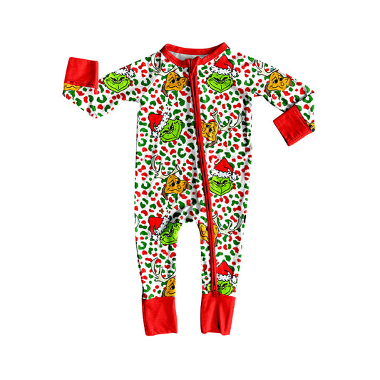 Preorder LR2508 Christmas Grinch Leopard Red Zippy Long Sleeve Girls Romper 202507