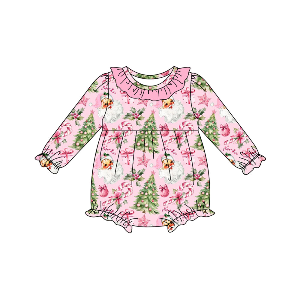 Preorder LR2509 Christmas Claus Tree Pink Ruffle Long Sleeve Girls Bubble Romper 202507