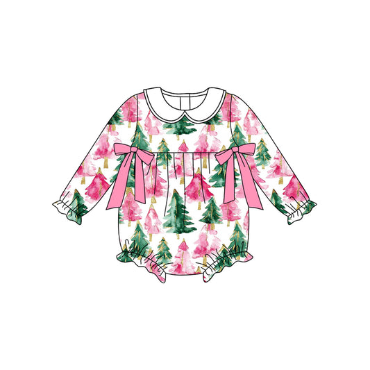 Preorder LR2510 Christmas Tree Pink Bows Doll Collar Long Sleeve Girls Bubble Romper 202507