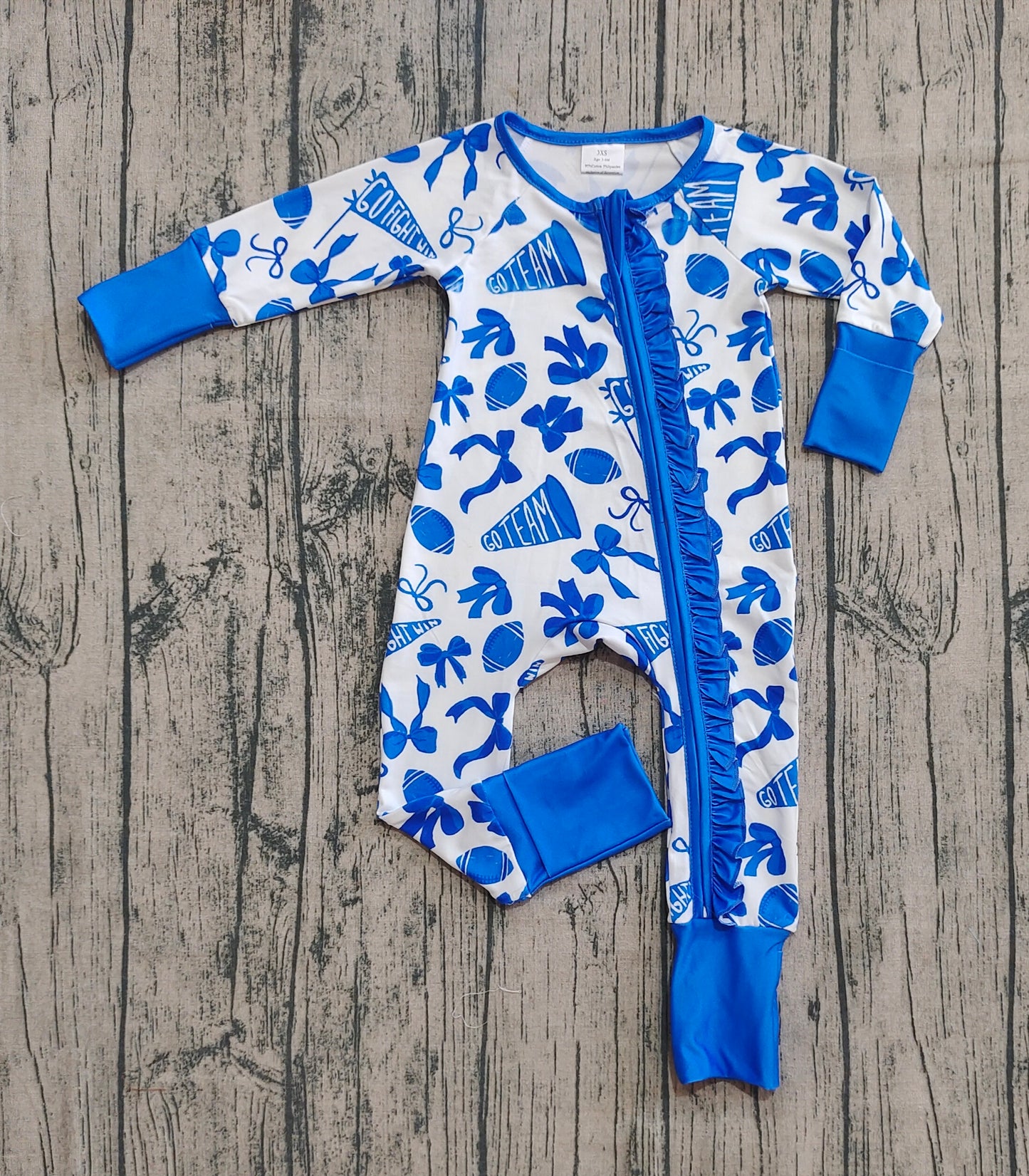 LR2511 Go Team Bows Blue Zippy Long Sleeve Girls Romper 202509 RTS