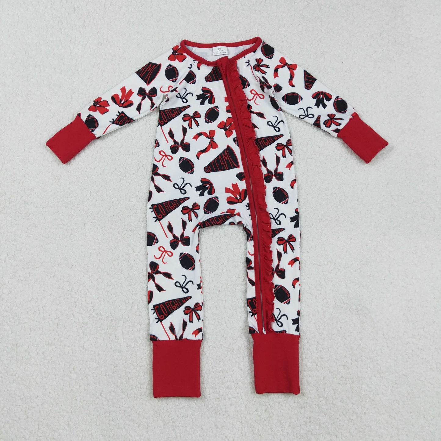 LR2512 Go Team Bows Red Zippy Long Sleeve Girls Romper 202509 RTS