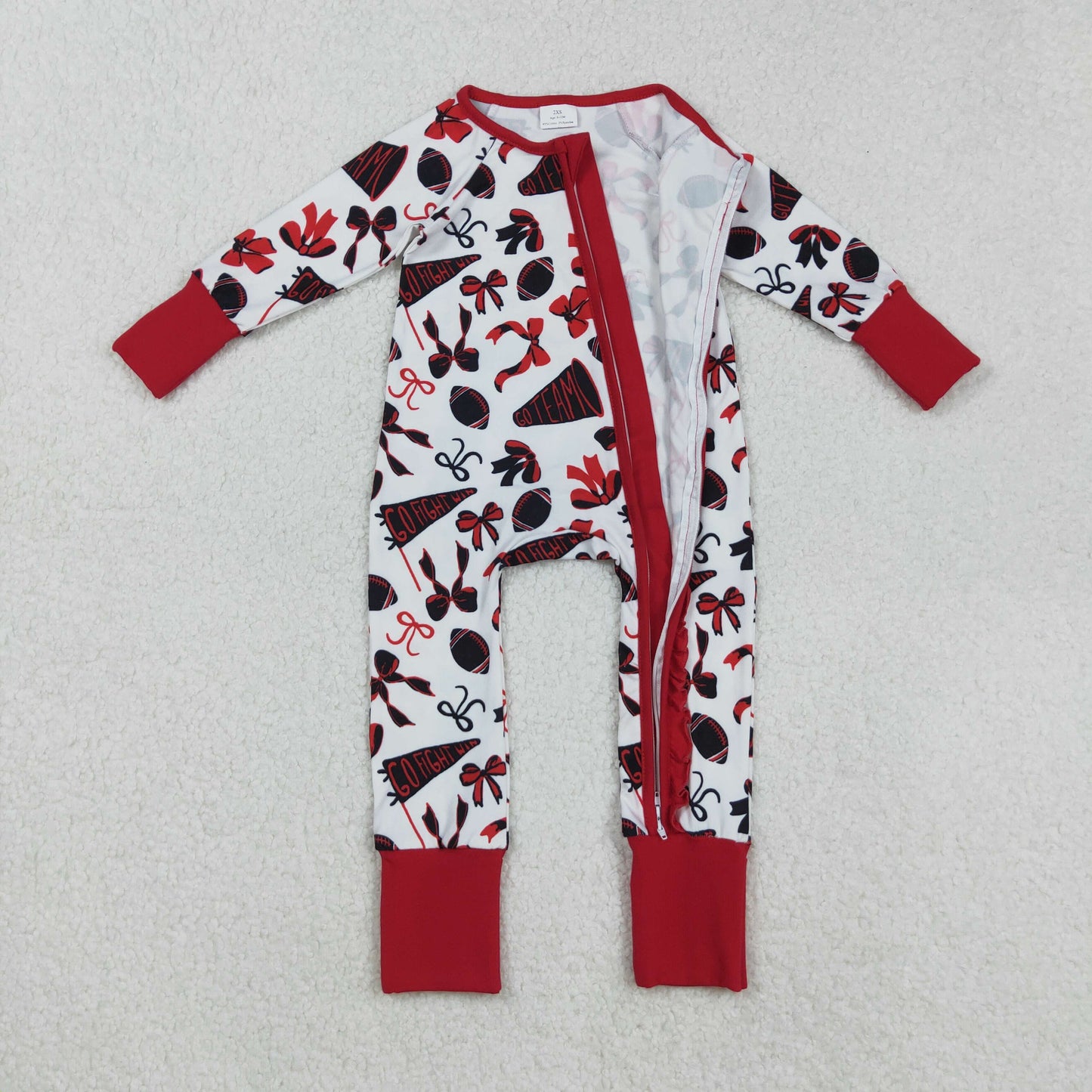 LR2512 Go Team Bows Red Zippy Long Sleeve Girls Romper 202509 RTS