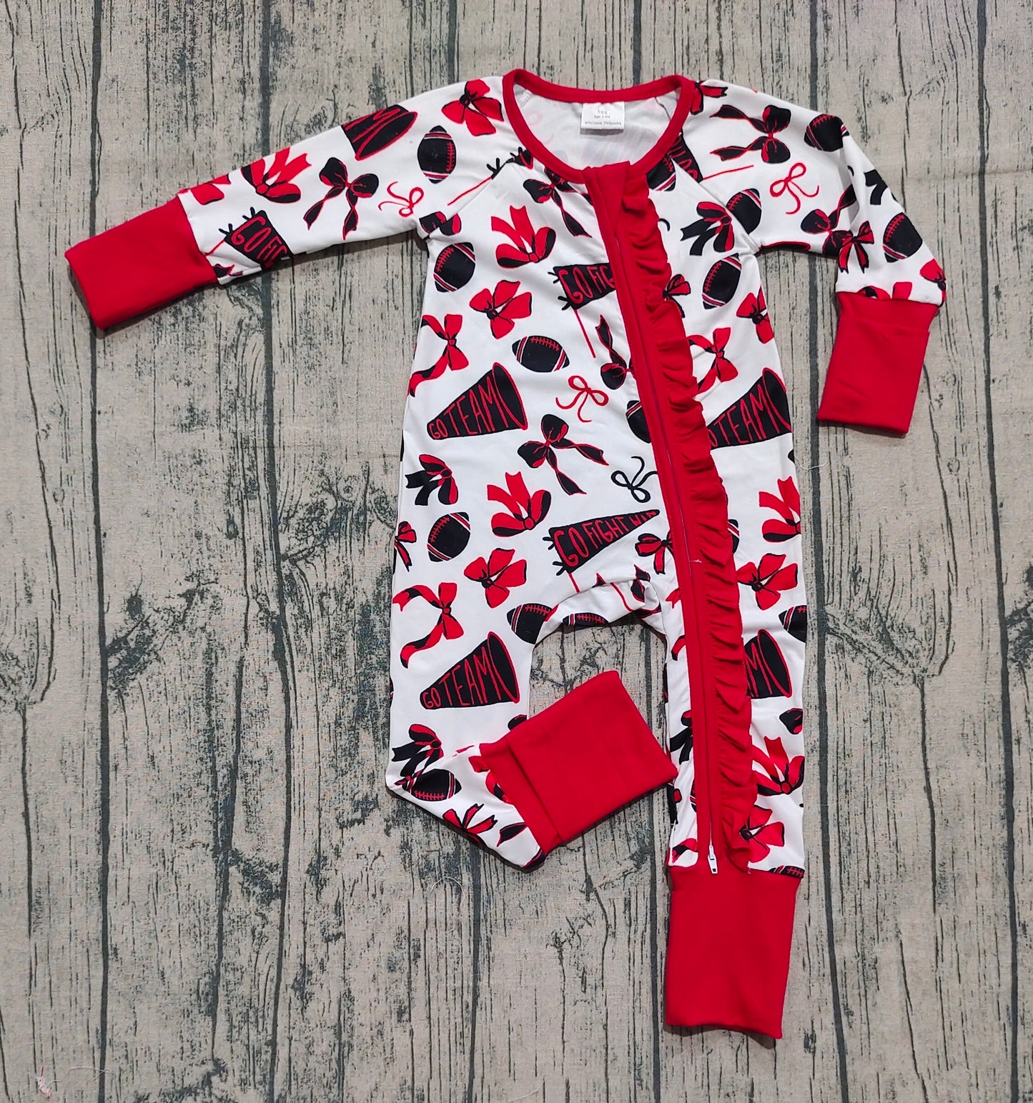 LR2512 Go Team Bows Red Zippy Long Sleeve Girls Romper 202509 RTS
