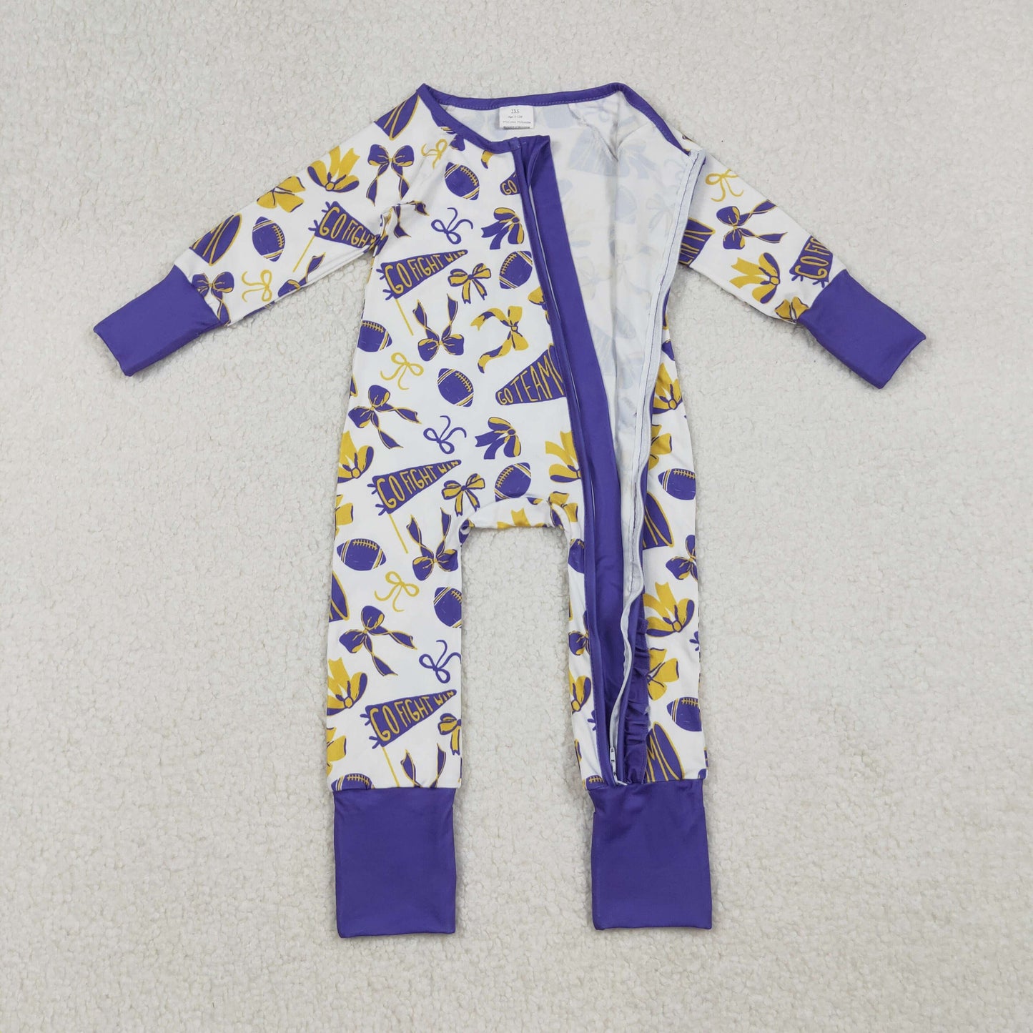 LR2513 Go Team Bows Purple Zippy Long Sleeve Girls Romper 202509 RTS