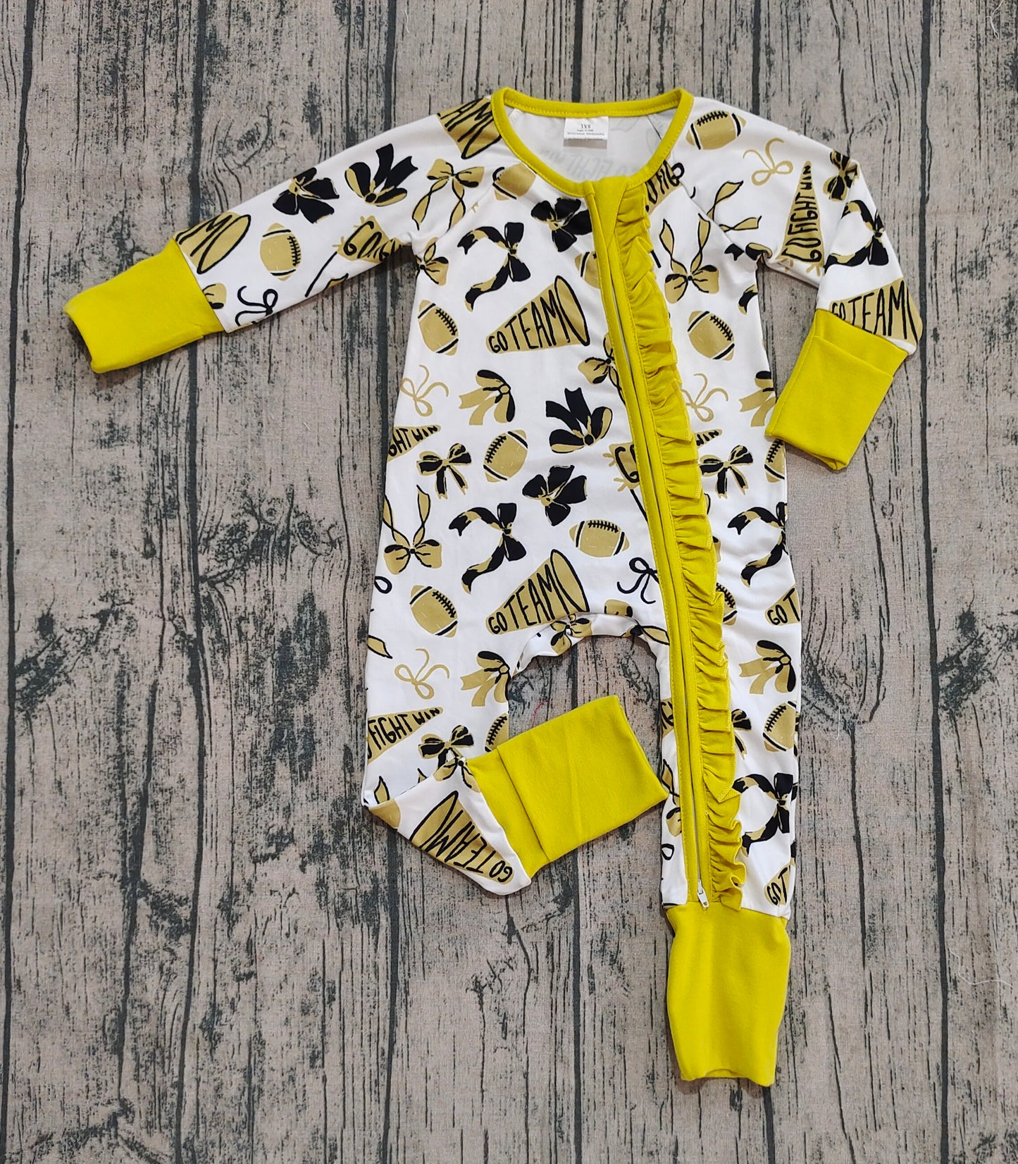 LR2515 Go Team Bows Football  Golden Zippy Long Sleeve Girls Romper 202509 RTS