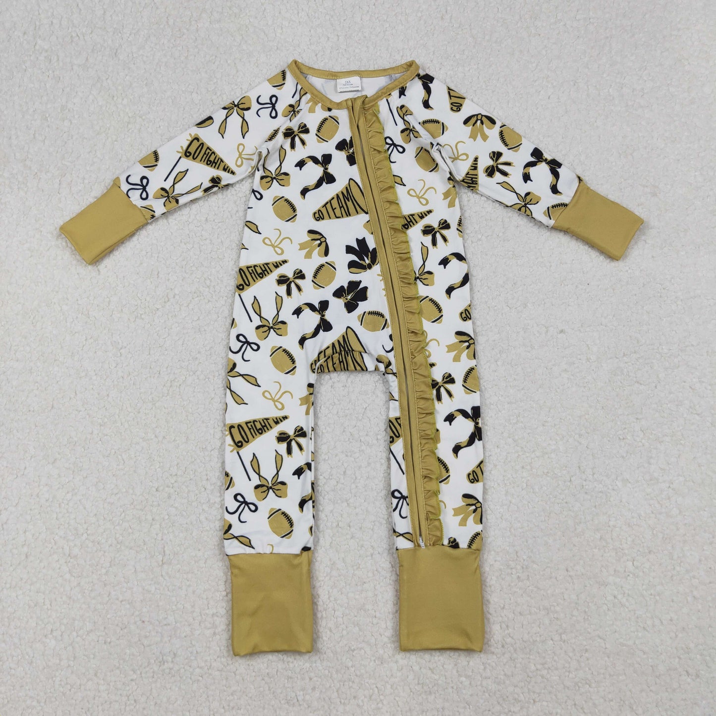 LR2515 Go Team Bows Football  Golden Zippy Long Sleeve Girls Romper 202509 RTS