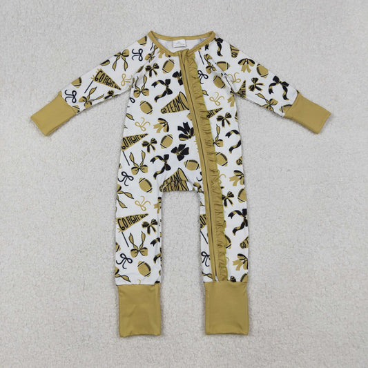 LR2515 Go Team Bows Football  Golden Zippy Long Sleeve Girls Romper 202509 RTS