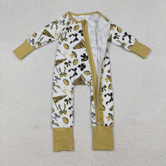 LR2515 Go Team Bows Football  Golden Zippy Long Sleeve Girls Romper 202509 RTS