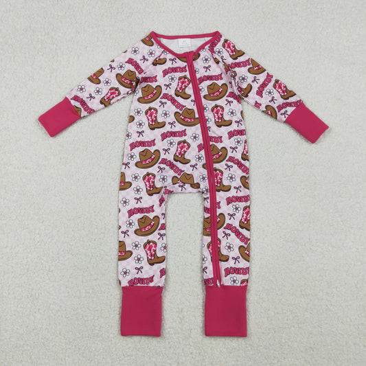 LR2516 Howdy Cowgirl Rose Red Zippy Long Sleeve Girls Romper 202511 RTS