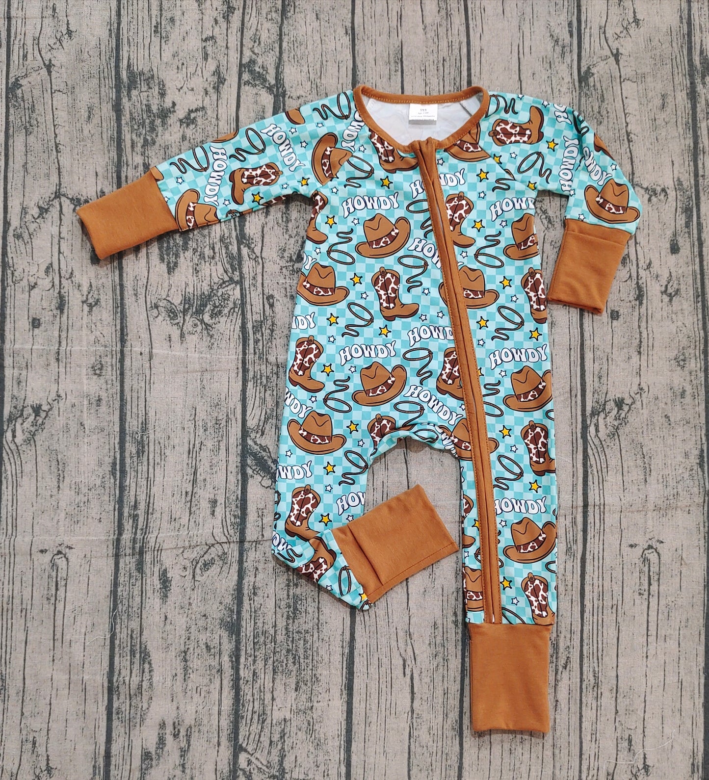 LR2517 Howdy Cowboy Brown Zippy Blue Green Long Sleeve Boys Romper 202511 RTS