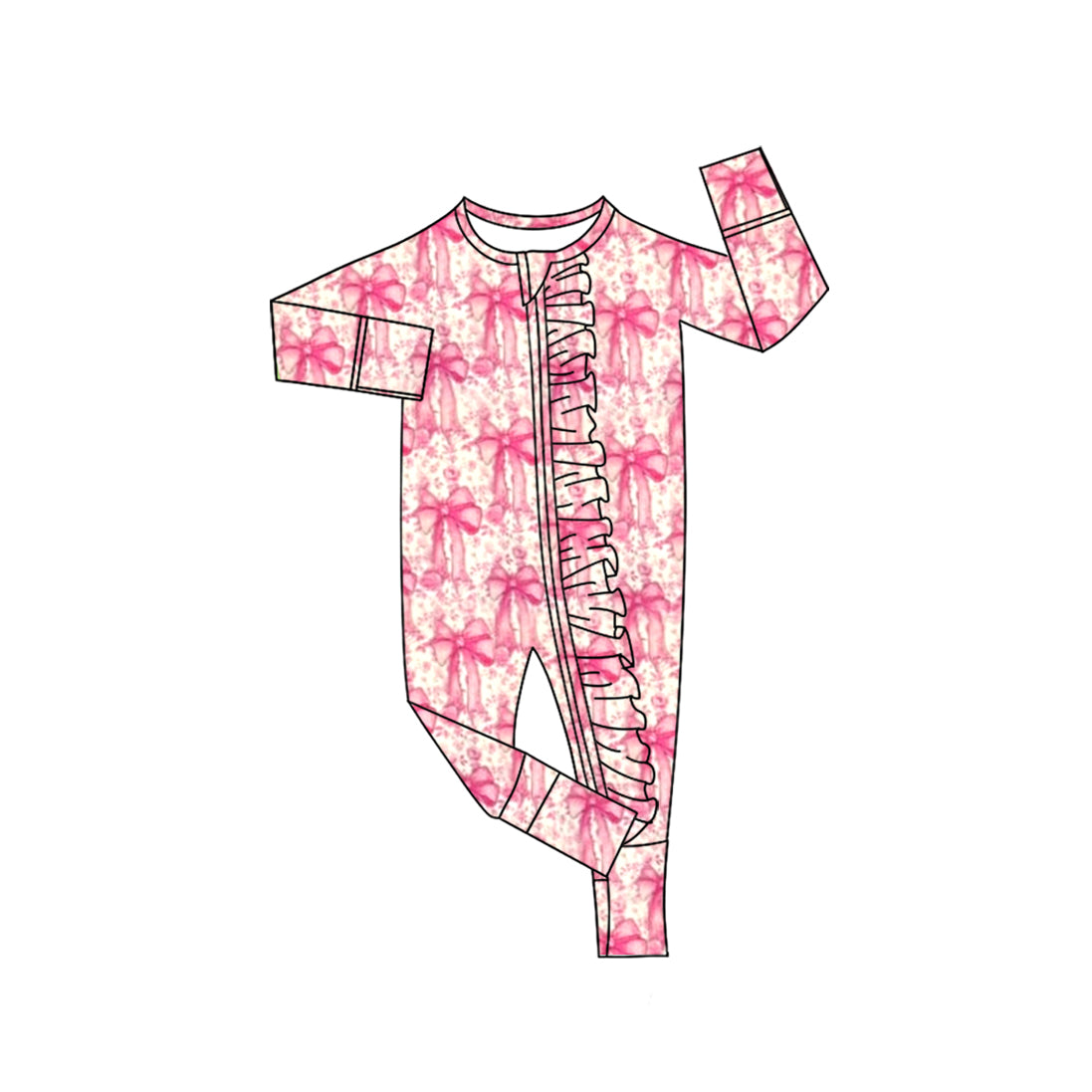 Preorder LR2519 Bows Pink Ruffle Zippy Long Sleeve Girls Romper 202508