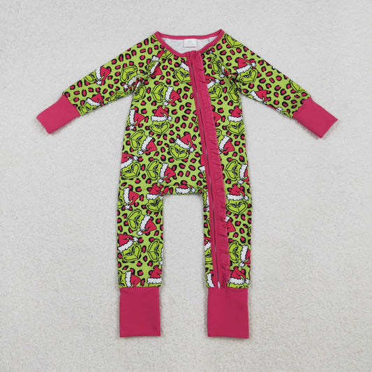 LR2520 Christmas Grinch Leopard Rose Red Ruffle Zippy Green Long Sleeve Girls Romper 202510 RTS