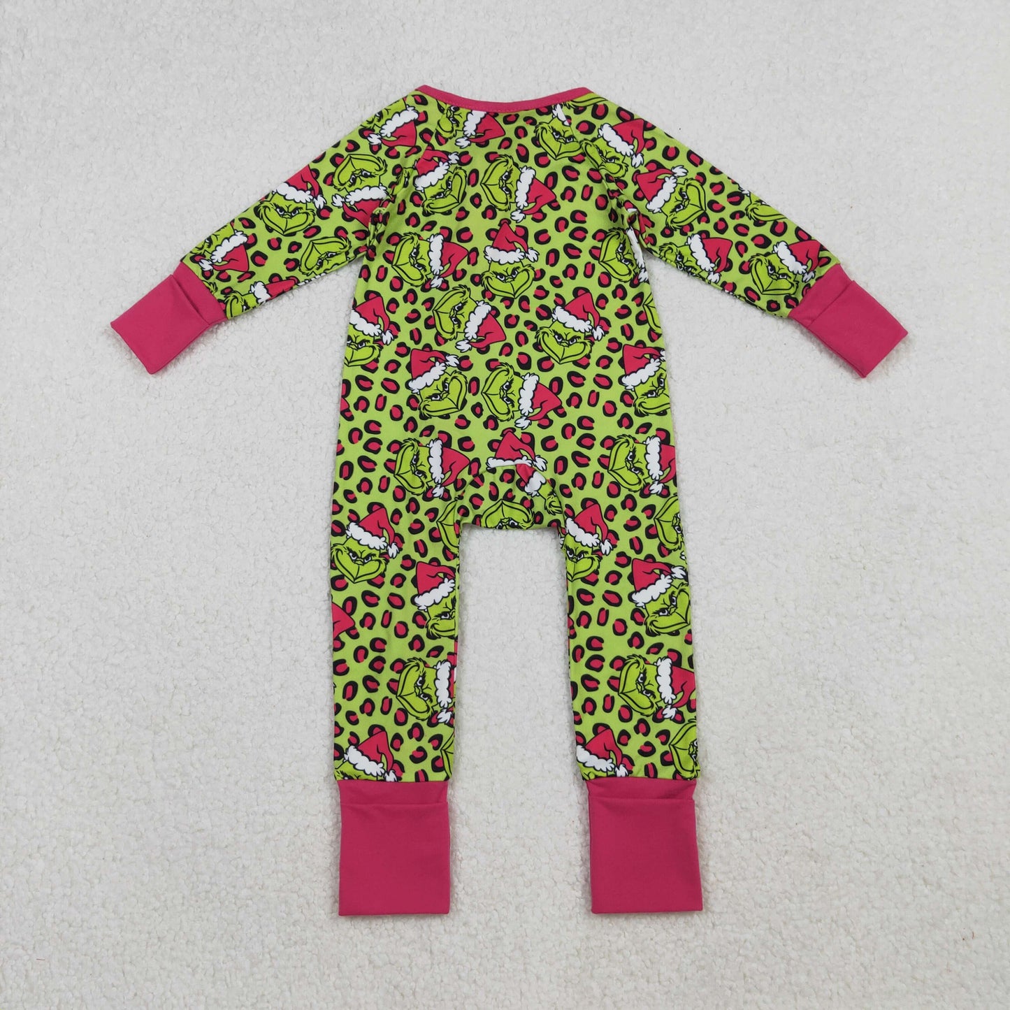 LR2520 Christmas Grinch Leopard Rose Red Ruffle Zippy Green Long Sleeve Girls Romper 202510 RTS