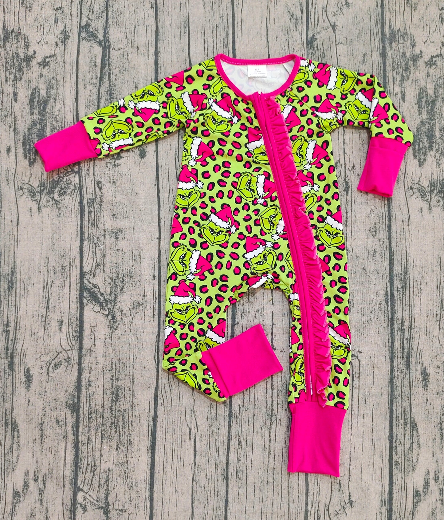 LR2520 Christmas Grinch Leopard Rose Red Ruffle Zippy Green Long Sleeve Girls Romper 202510 RTS