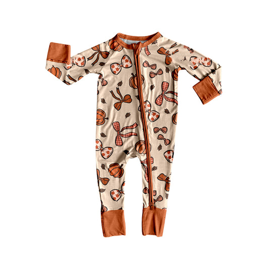 Preorder LR2524 Thanksgiving Bows Pumpkin Orange Brown Zippy Long Sleeve Girls Romper 202508