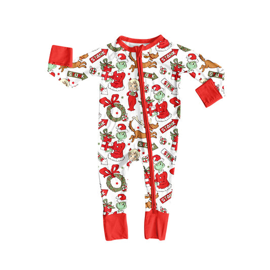 Preorder LR2525 Christmas Grinch Red White Zippy Long Sleeve Girls Romper 202508