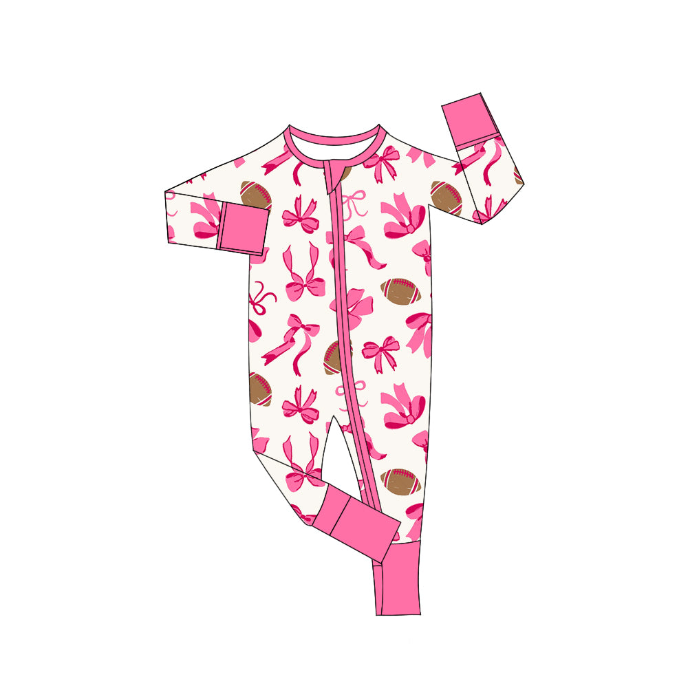 Preorder LR2526 Bows Football Pink White Zippy Long Sleeve Girls Romper 202508