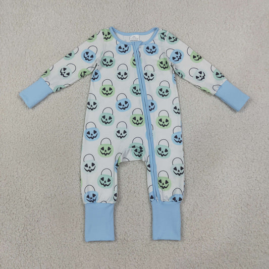 LR2534 Halloween Pumpkin Blue Zip Long-Sleeved Boys Romper 202608 RTS