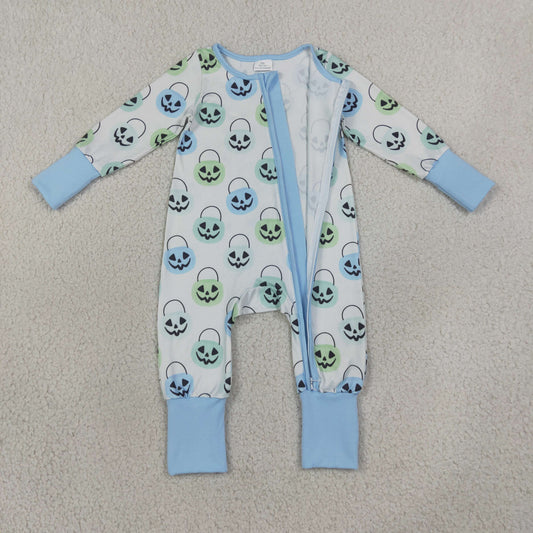 LR2534 Halloween Pumpkin Blue Zip Long-Sleeved Boys Romper 202608 RTS