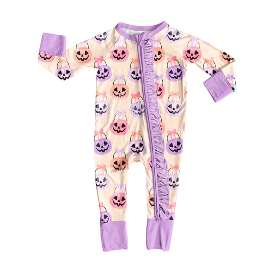 Preorder LR2535 Halloween Ghost Pink Purple Ruffle Zippy Long Sleeve Girls Romper 202508