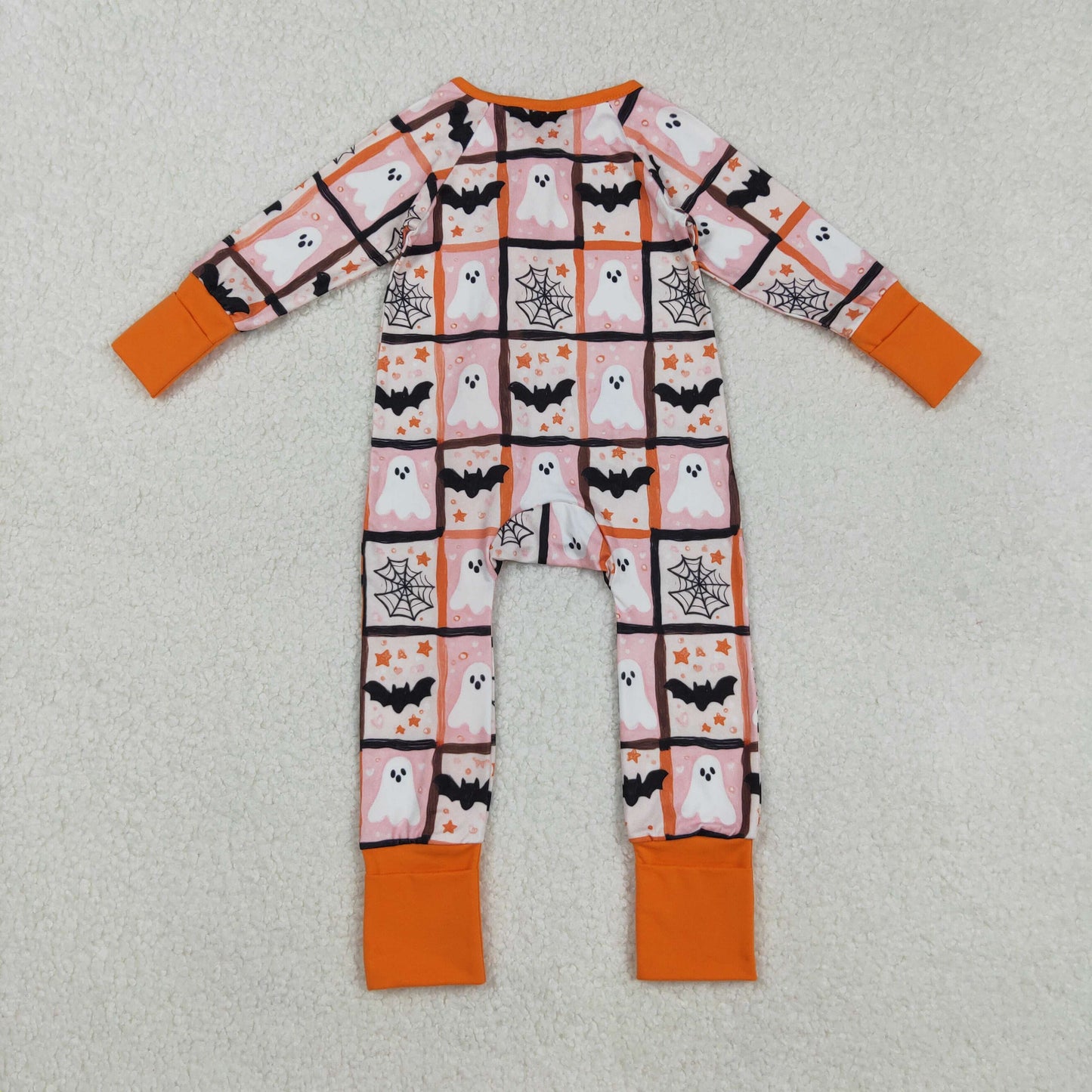 LR2539 Halloween Ghost Bats Plaid Orange Zippy Long Sleeve Girls Romper 202508 RTS