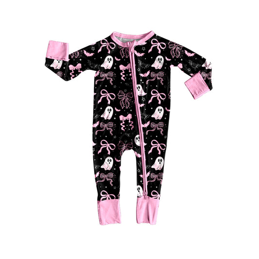 Preorder LR2540 Halloween Ghost Bows Black Pink Zippy Long Sleeve Girls Romper 202508