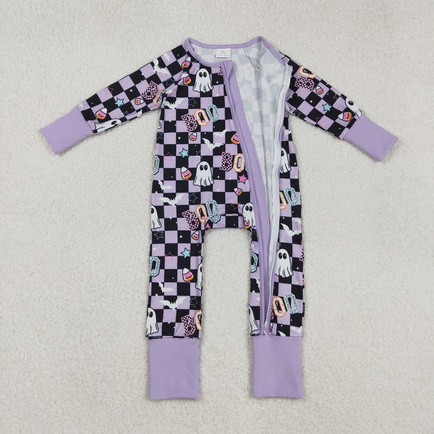 LR2541 Halloween BOO Ghost Plaid Purple Zippy Long Sleeve Girls Romper 202509 RTS