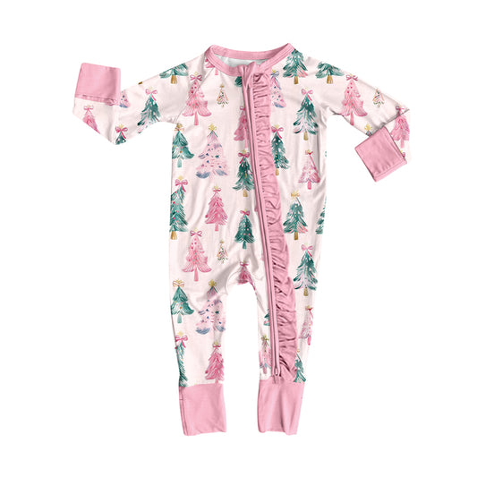 Preorder LR2544 Christmas Tree Pink Ruffle Zippy Long Sleeve Girls Romper 202508