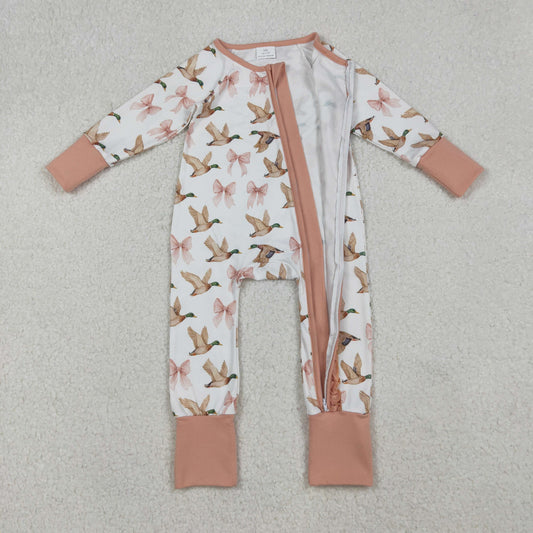 LR2545 Duck Hunting Bows Ruffle Zippy Long Sleeve Girls Romper 202510 RTS