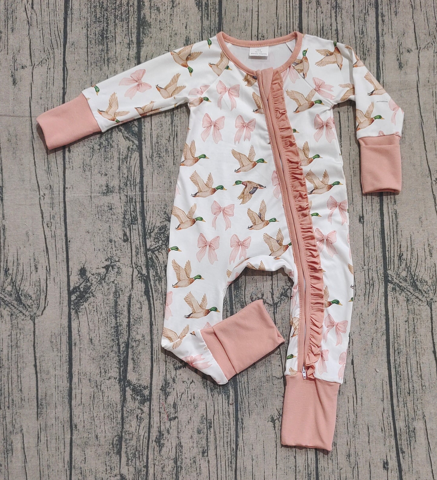 LR2545 Duck Hunting Bows Ruffle Zippy Long Sleeve Girls Romper 202510 RTS