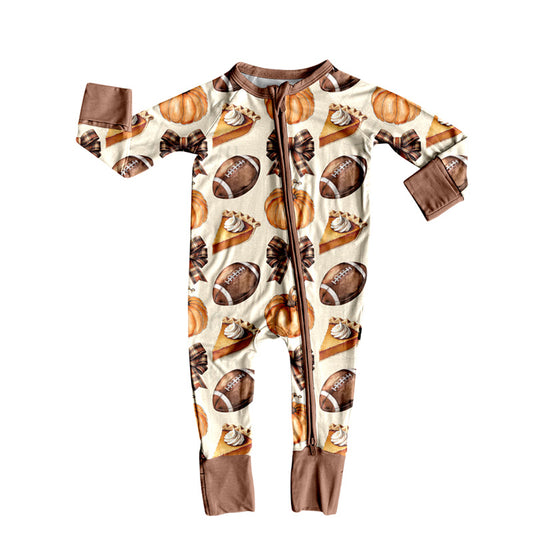 Preorder LR2546 Rugby Bows Pumpkin Brown Zippy Long Sleeve Girls Romper 202508