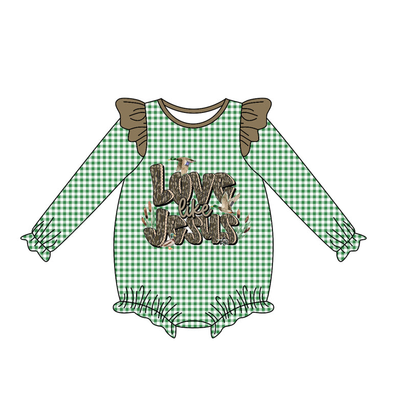 Preorder LR2551 Duck Hunting Camo Green Plaid Ruffle Long Sleeve Girls Bubble Romper 202508