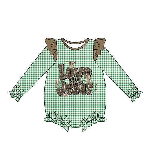 Preorder LR2551 Duck Hunting Camo Green Plaid Ruffle Long Sleeve Girls Bubble Romper 202508