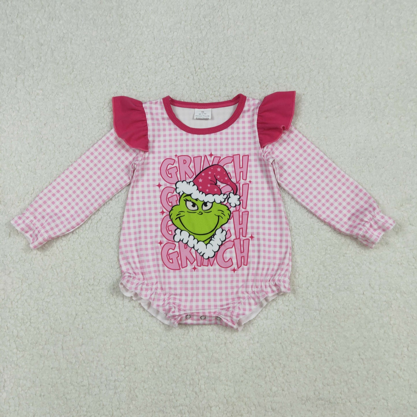 LR2554 Christmas Grinch Rose Red Ruffle Plaid Long Sleeve Girls Bubble Romper 202510 RTS