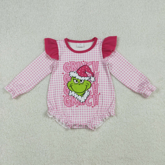 LR2554 Christmas Grinch Rose Red Ruffle Plaid Long Sleeve Girls Bubble Romper 202510 RTS
