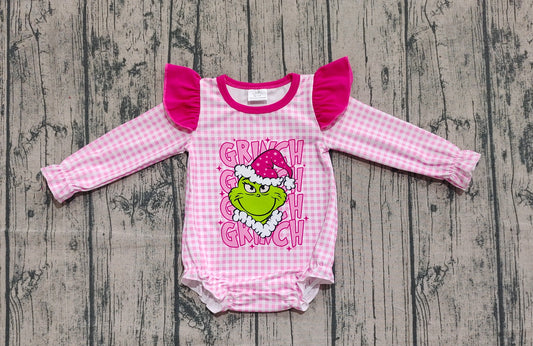 LR2554 Christmas Grinch Rose Red Ruffle Plaid Long Sleeve Girls Bubble Romper 202510 RTS