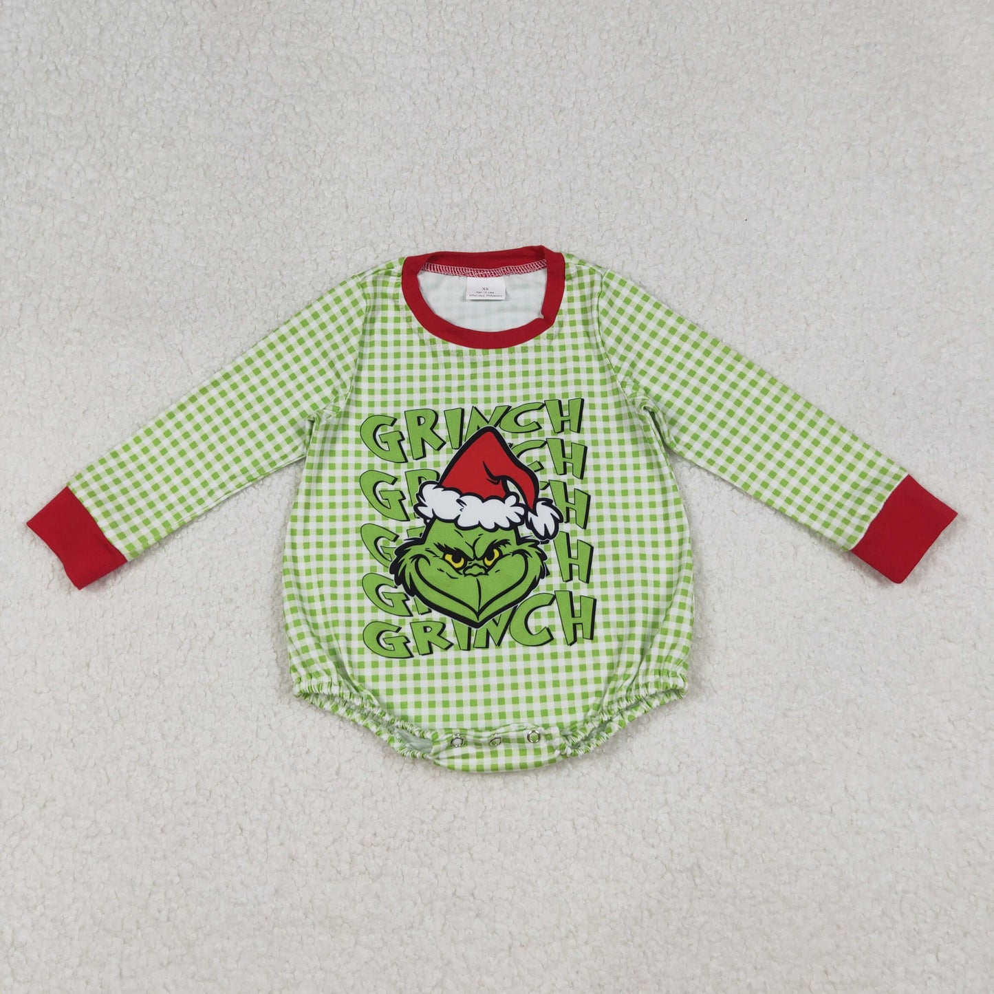 LR2555 Christmas Grinch Green Plaid Long Sleeve Boys Bubble Romper 202509 RTS