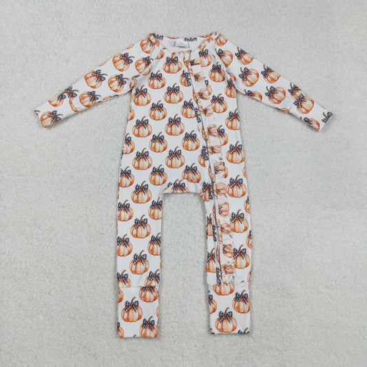 LR2557 Pumpkin Bows Zippy Long Sleeve Girls Romper 202508 RTS