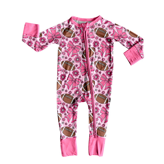 Preorder LR2559 Bows Flower Rugby Rose Red Zippy Long Sleeve Girls Romper 202508