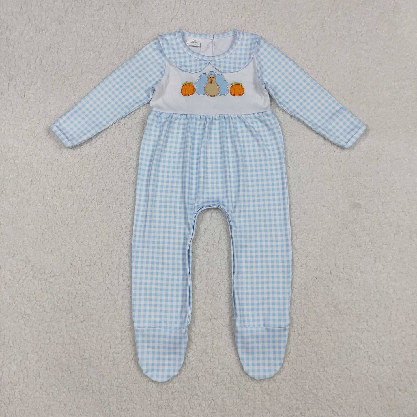 LR2561 Embroidered Turkey Pumpkin Plaid Doll Collar Long Sleeve Boys Romper with Socks 202509 RTS