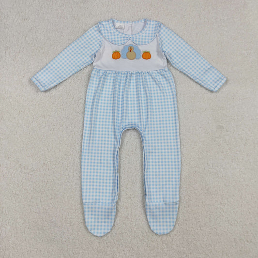 LR2561 Embroidered Turkey Pumpkin Plaid Doll Collar Long Sleeve Boys Romper with Socks 202509 RTS